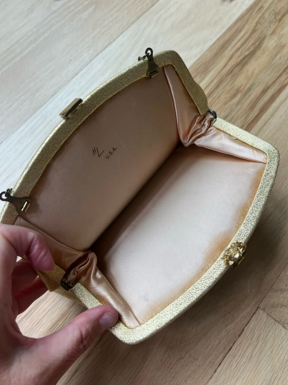 Vintage 1960s Harry Levine HL USA Gold Lame Evening Bag Rhinestone Clasp Purse